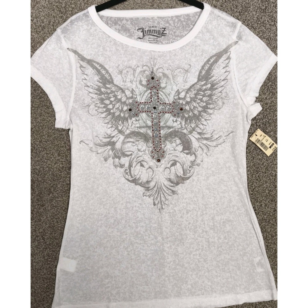 Vintage 2001 Jimmy'z NWT Y2K Rhinestone Cross‎ Wing Top Womens L
